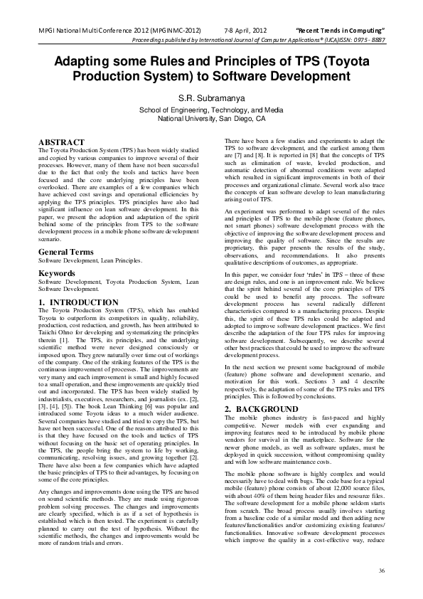 Adaptation of TPS to Software Development