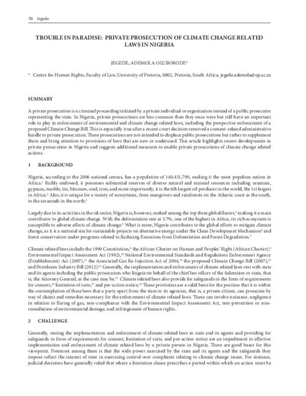 (PDF) Trouble in paradise: Private prosecution of climate change ...