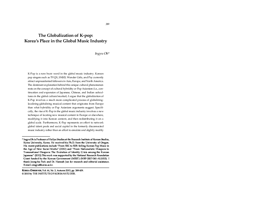 Pdf The Globalization Of K Pop Korea S Place In The Global Music Industry Ingyu Oh Academia Edu