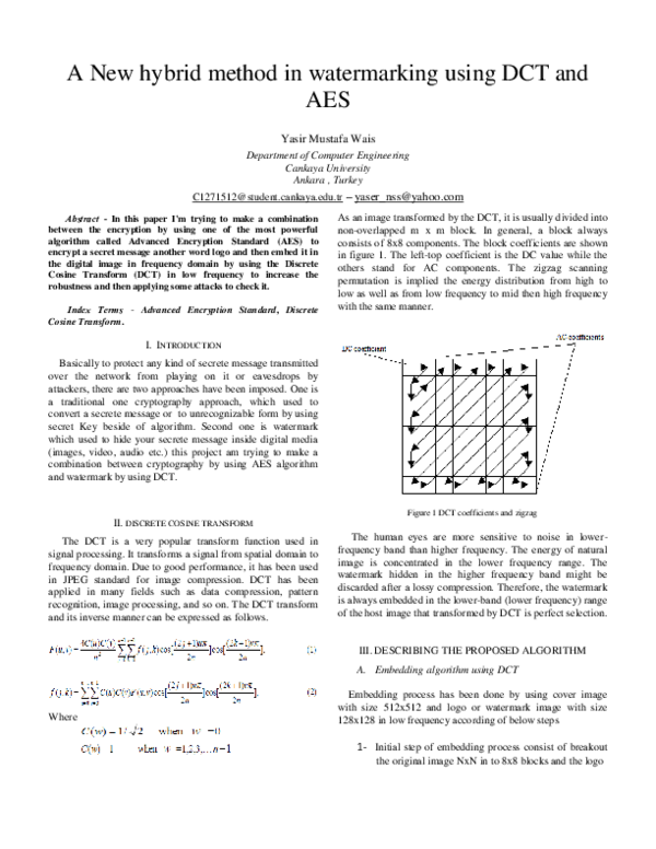 (PDF) A New hybrid method in watermarking using DCT and AES