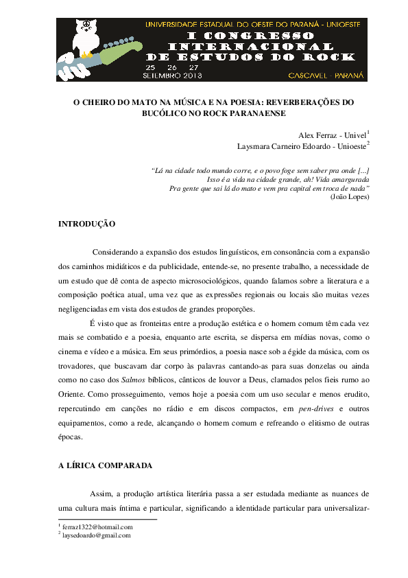 Pdf O Cheiro Do Mato Na Musica E Na Poesia Reverberacoes Do Bucolico No Rock Paranaense Laysmara Carneiro Edoardo Academia Edu academia edu