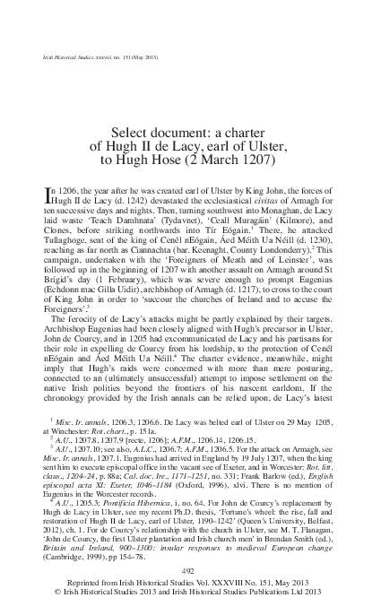 Select Document: a charter of Hugh II de Lacy, earl of Ulster, to Hugh Hose - 2 March, 1207