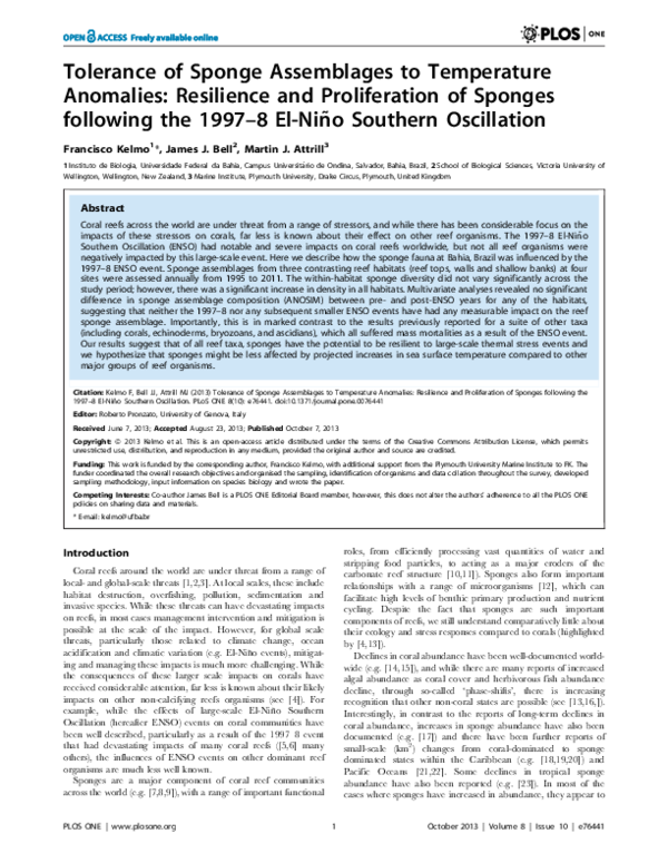 (PDF) Tolerance of Sponge Assemblages to Temperature Anomalies