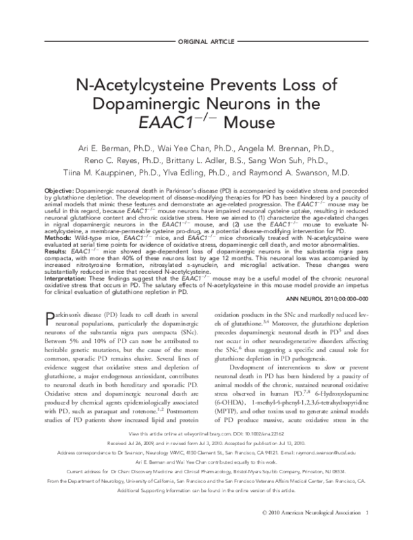 (PDF) N-acetylcysteine prevents loss of dopaminergic neurons in the ...