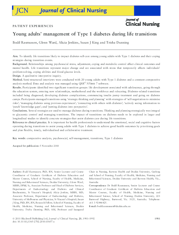 (PDF) Young adults' management of Type 1 diabetes during life transitions