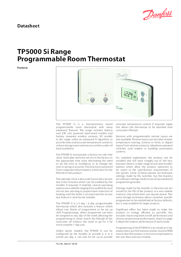 Danfoss Thermostat Instructions Danfoss Tp5000 Si DANFOSS TP5000SI
