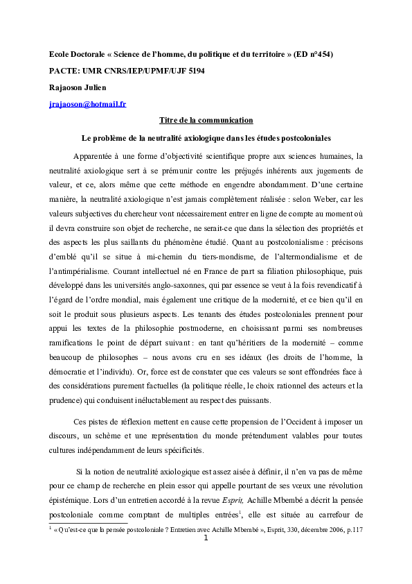 (DOC) Le problème de la neutralité axiologique dans les études
