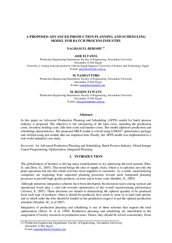 (PDF) A PROPOSED ADVANCED PRODUCTION PLANNING AND SCHEDULING MODEL FOR ...