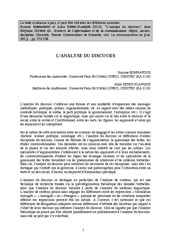 Pdf L Analyse Du Discours 2013 Avec Simone Bonnafous Alice Krieg Planque Academia Edu