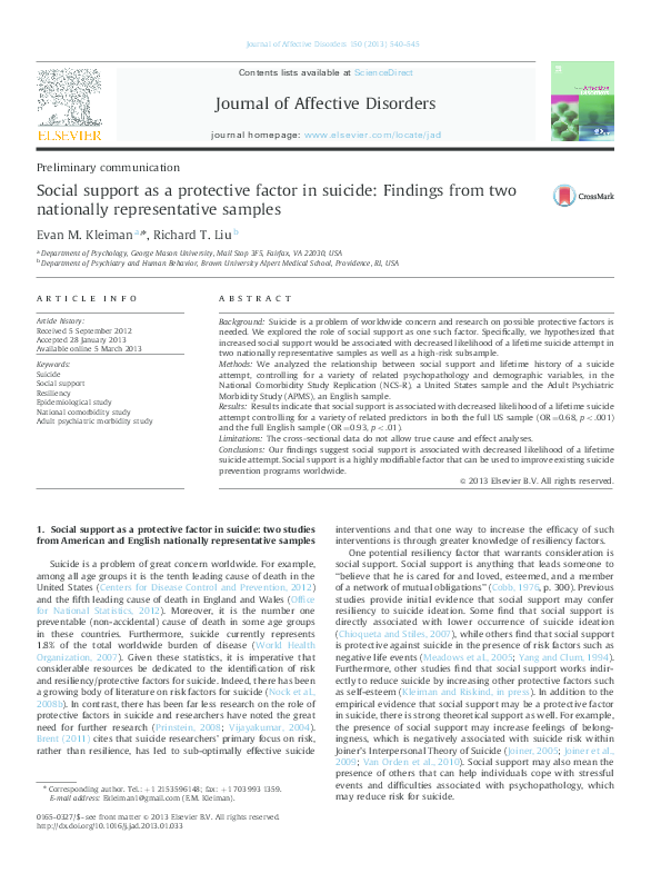 Social support as a protective factor in suicide: Findings from two ...