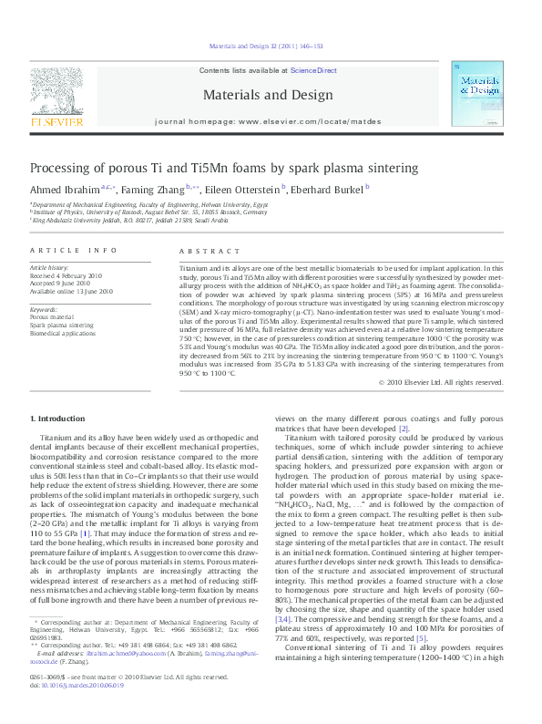 Processing of porous Ti and Ti5Mn foams by spark plasma sintering