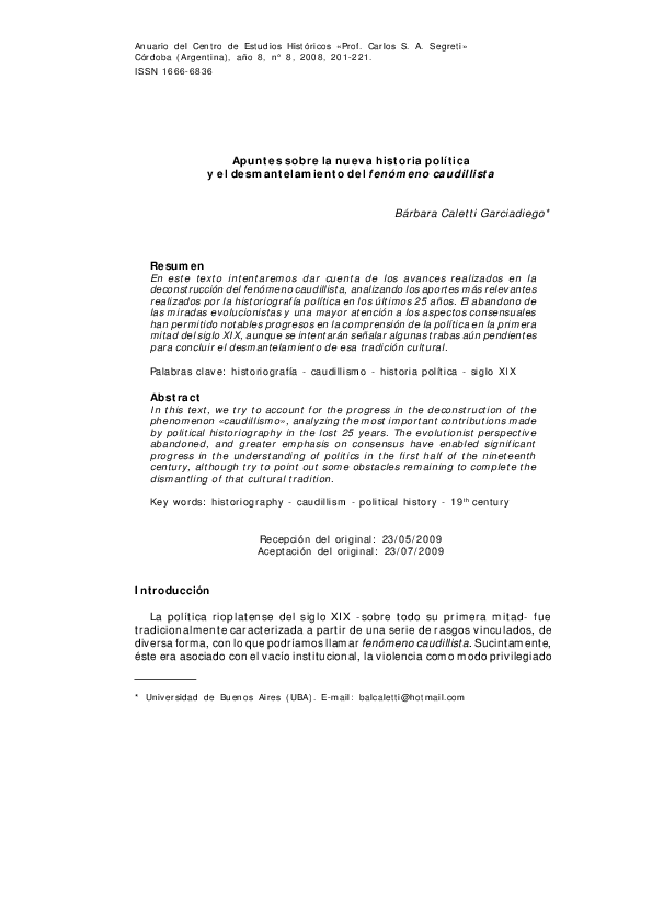 Apuntes sobre la nueva historia política y el desmantelamiento del fenómeno caudillista