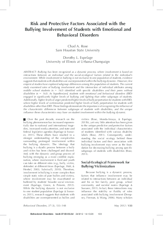 (PDF) Risk and Protective Factors Associated with the Bullying ...