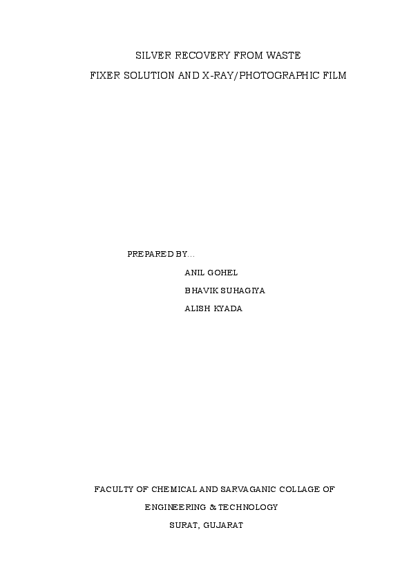 (PDF) SILVER RECOVERY FROM WASTE FIXER SOLUTION AND XRAY/PHOTOGRAPHIC FILM anil gohel