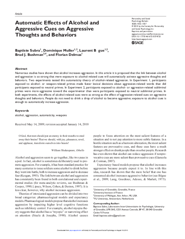 (PDF) Automatic Effects of Alcohol and Aggressive Cues on Aggressive ...