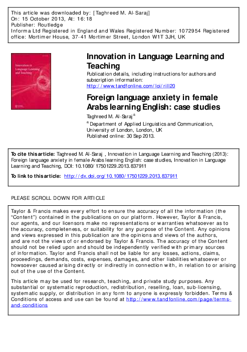(PDF) Foreign language anxiety in female Arabs learning English: case ...