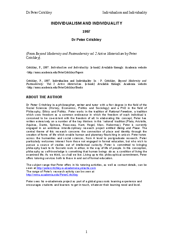 (DOC) Individualism and Individuality