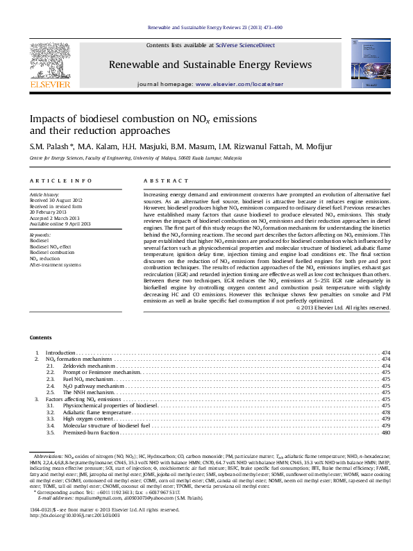 (PDF) Impacts of biodiesel combustion on NOx emissions and their