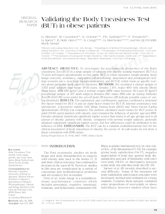 (PDF) Validating the Body Uneasiness Test (BUT) in obese patients INTRODUCTION Massimo