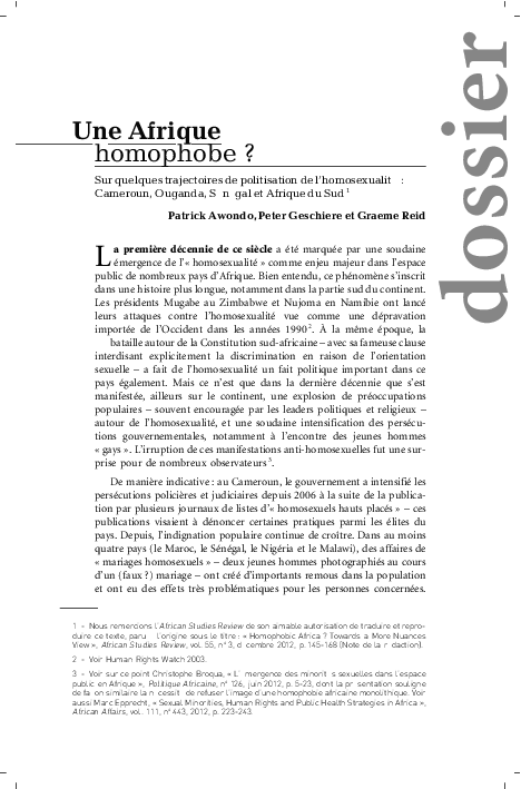 Pdf Une Afrique Homophobe Sur Quelques Trajectoires De Politisation De L Homosexualite En Afrique Patrick Awondo Academia Edu
