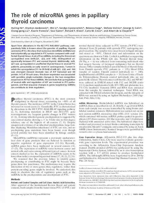 (PDF) The role of microRNA genes in papillary thyroid carcinoma