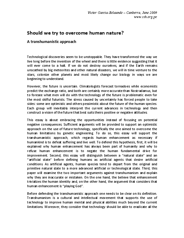 (PDF) Should we try to overcome human nature? A transhumanistic approach