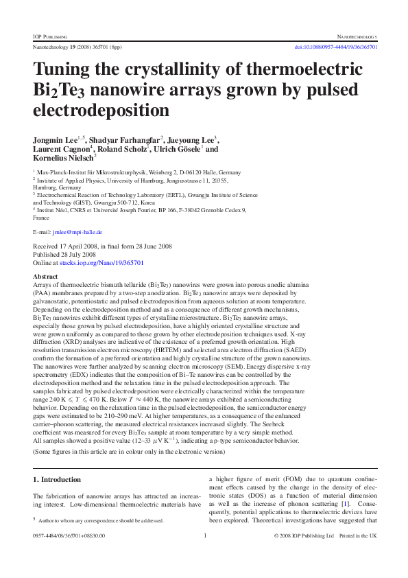 (PDF) Tuning the crystallinity of thermoelectric Bi2Te3 nanowire arrays ...
