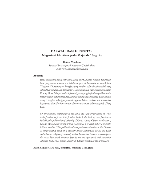Pdf Dakwah Dan Etnisitas Negosiasi Identitas Pada Majalah Cheng Hoo Surabaya Rezza Maulana Academia Edu