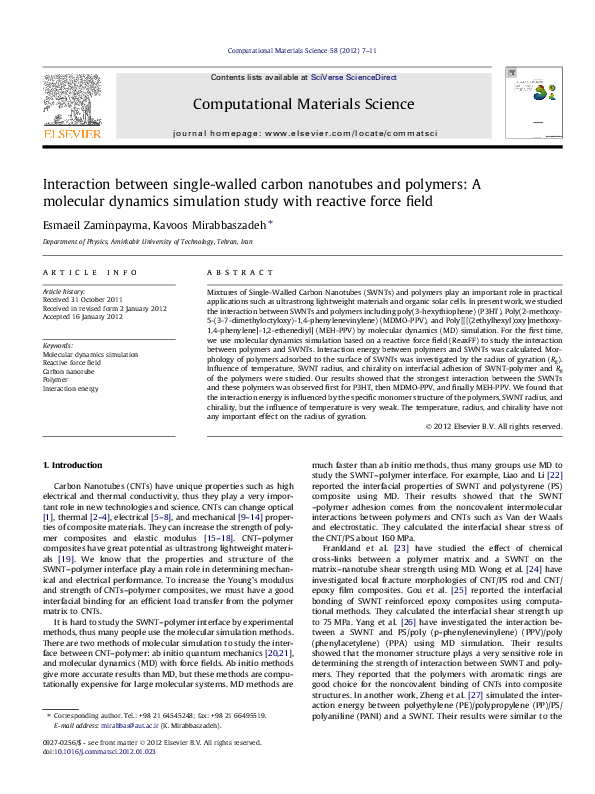 (PDF) Interaction between single-walled carbon nanotubes and polymers ...