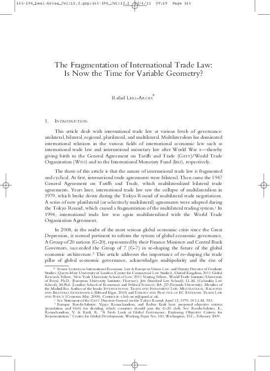 “The Fragmentation of International Trade Law: Is Now the Time for Variable Geometry?” The Journal of World Investment and Trade, Vol. 12, No. 2, 2011, pp. 145-195