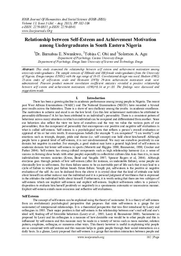 (PDF) Relationship between Self-Esteem and Achievement Motivation among ...
