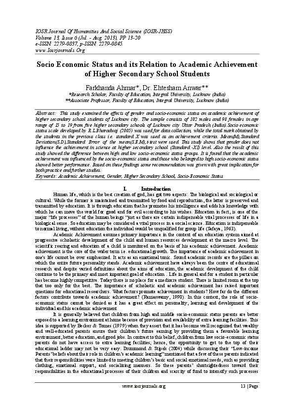 (PDF) Socio Economic Status and its Relation to Academic Achievement of
