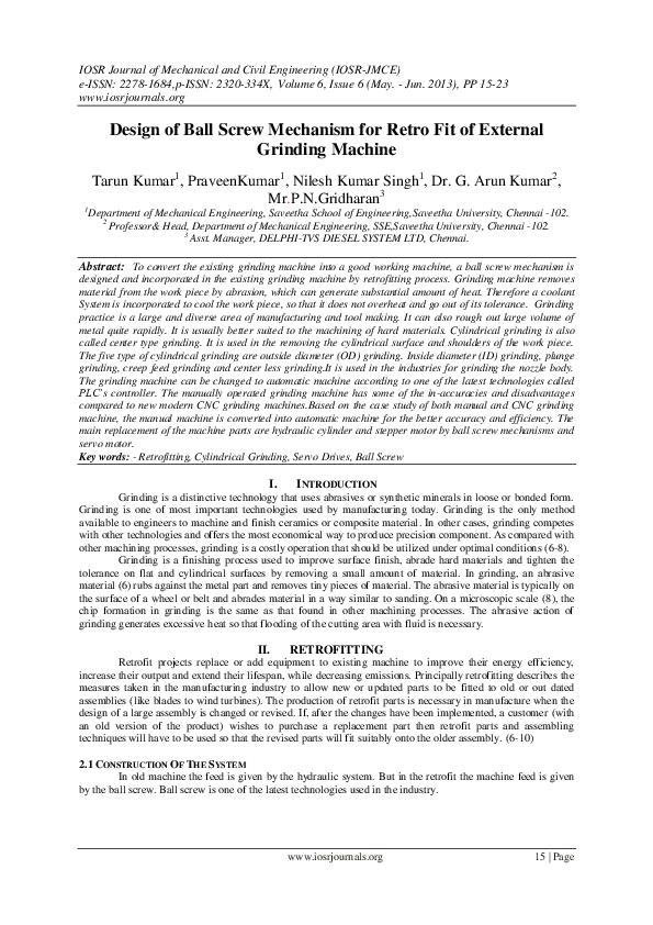 (PDF) Design of Ball Screw Mechanism for Retro Fit of External Grinding