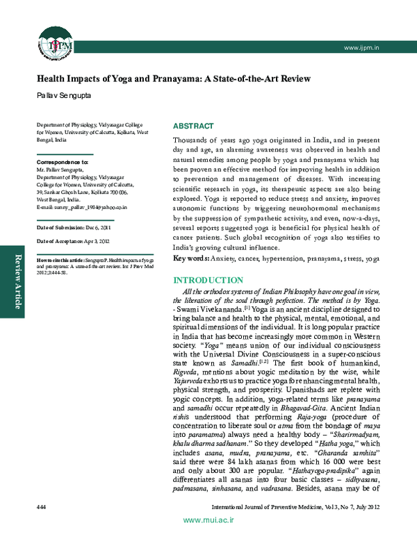 (PDF) Health impacts of yoga and pranayama: A state-of-the-art review