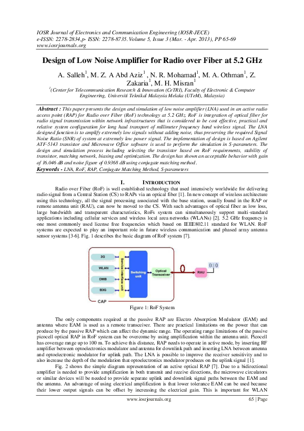 (PDF) Design of Low Noise Amplifier for Radio over Fiber at 5.2 GHz