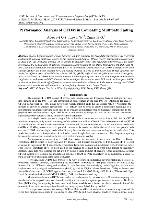 (PDF) Performance Analysis of OFDM in Combating Multipath Fading