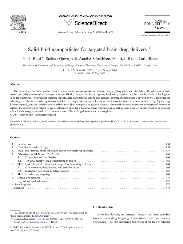 (PDF) Solid lipid nanoparticles for targeted brain drug delivery