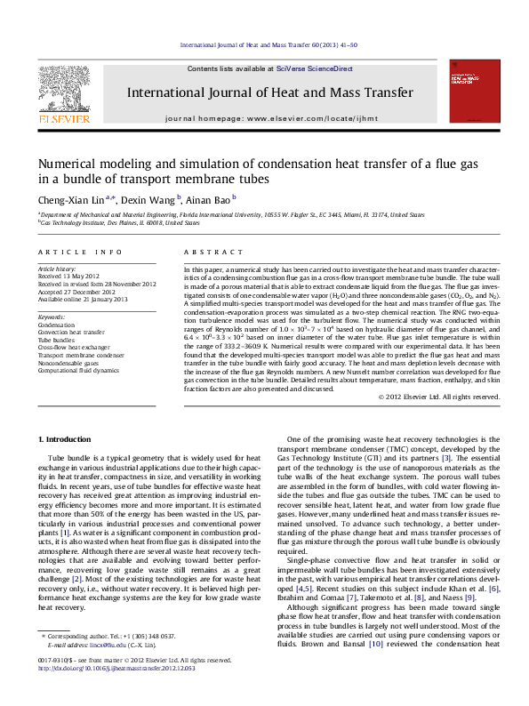 Pdf Numerical Modeling And Simulation Of Condensation Heat Transfer Of A Flue Gas In A Bundle Of Transport Membrane Tubes 城熠 管 Academia Edu