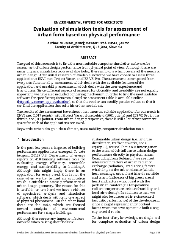 (PDF) Evaluation of simulation tools for assessment of urban form based
