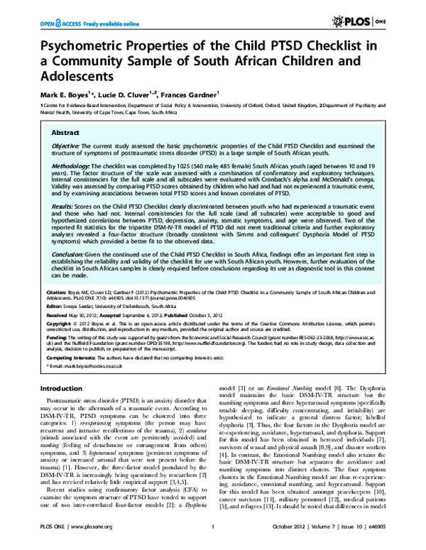 (PDF) Psychometric properties of the Child PTSD Checklist in a ...
