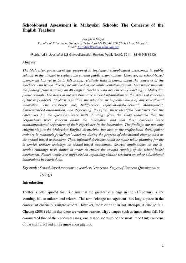 (PDF) School-based Assessment in Malaysian Schools: The Concerns of the ...