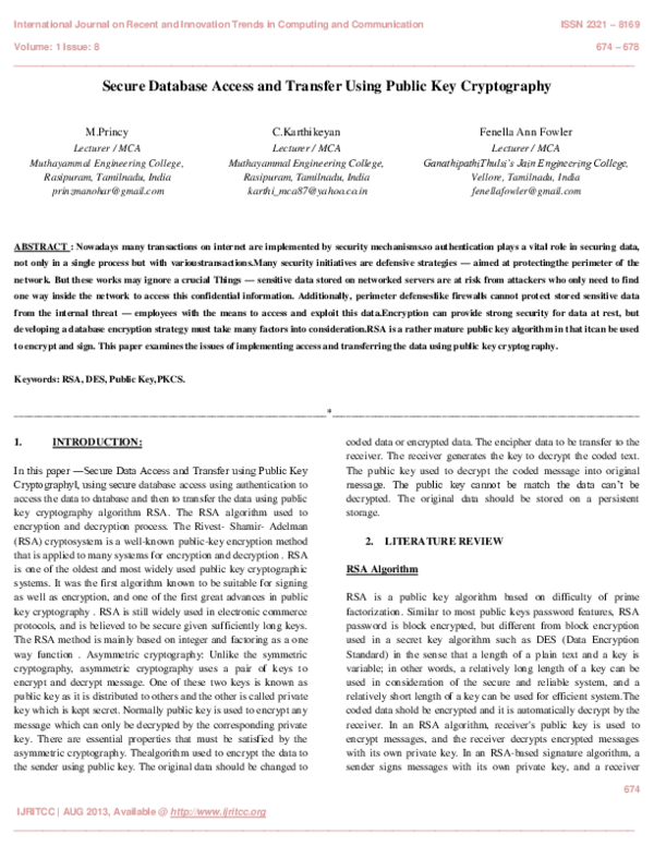 (PDF) Secure Database Access and Transfer Using Public Key Cryptography