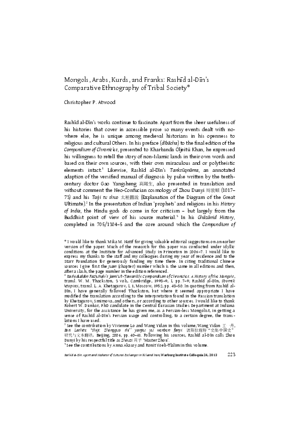 Mongols, Arabs, Kurds, and Franks: Rashīd al-Dīn’s Comparative Ethnography of Tribal Society.
