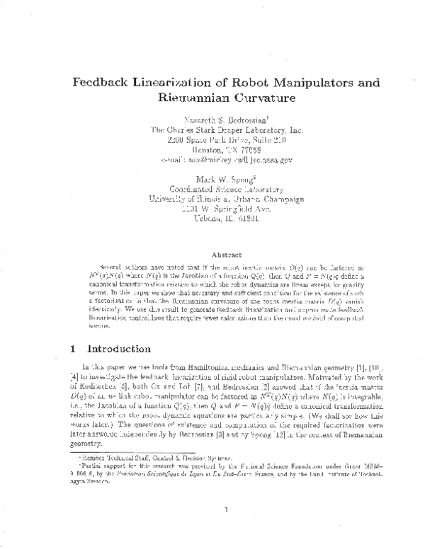 (PDF) Feedback linearization of robot manipulators and riemannian