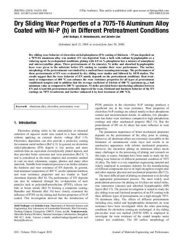 (PDF) Dry Sliding Wear Properties of a 7075-T6 Aluminum Alloy Coated ...