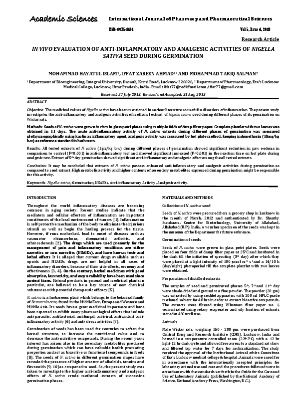 (PDF) IN VIVO EVALUATION OF ANTI-INFLAMMATORY AND ANALGESIC ACTIVITIES ...