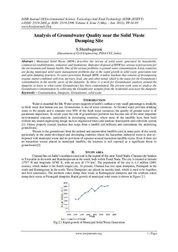 (PDF) Analysis of Groundwater Quality near the Solid Waste Dumping Site