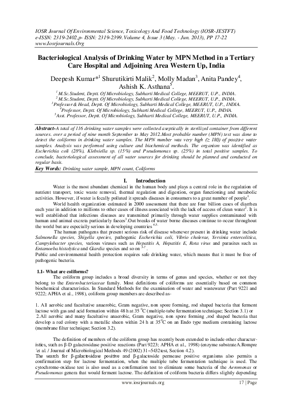 (PDF) Bacteriological Analysis of Drinking Water by MPN Method in a
