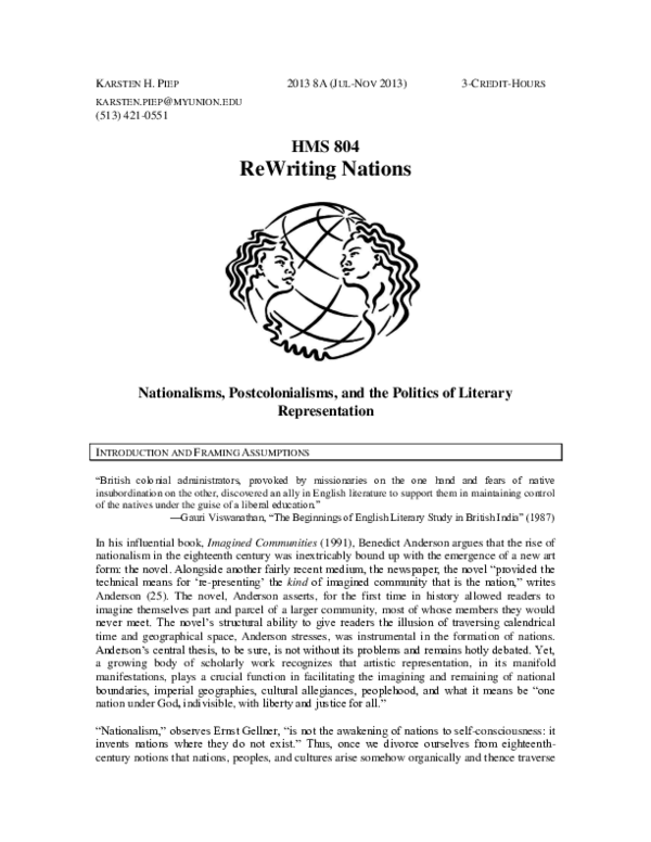 Pdf Hms 804 Nationalism Postcolonialism And The Politics Of Literary Representation Karsten Piep Academia Edu