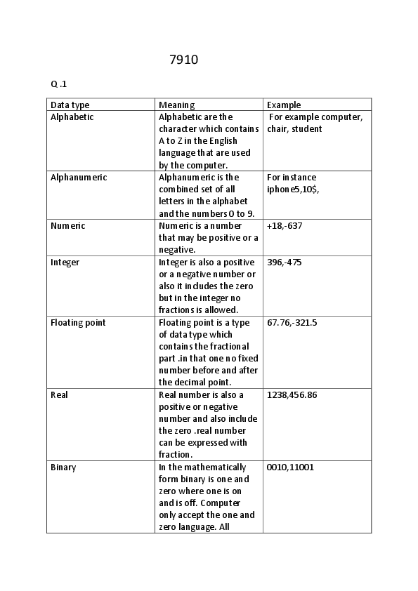 (DOC) 7910 Q .1 Data type Meaning Example Alphabetic Alphabetic Anil